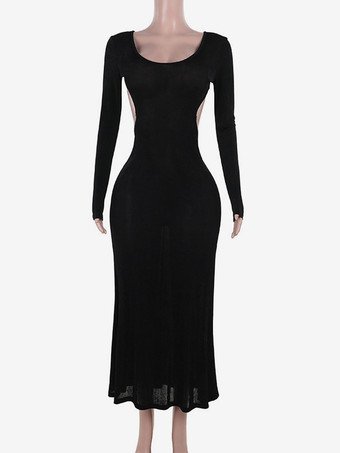 オープンバックマキシパーティードレス 長袖 クルーネック ロングドレス レディース 2025