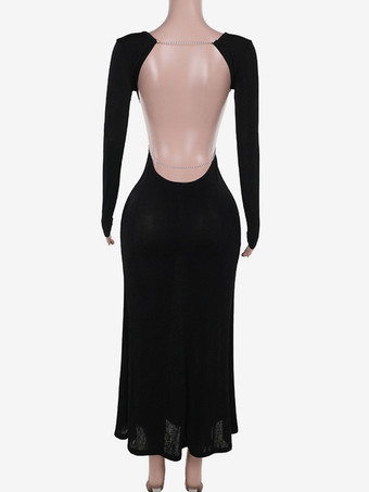 オープンバックマキシパーティードレス 長袖 クルーネック ロングドレス レディース 2025