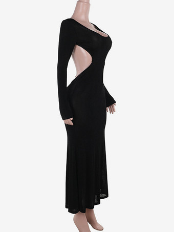 オープンバックマキシパーティードレス 長袖 クルーネック ロングドレス レディース 2025