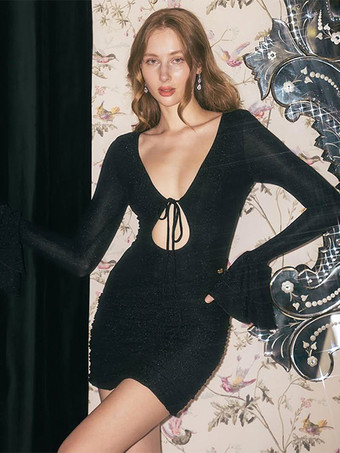 ブラック フリル付きロングスリーブボディコンミニドレス（タイフロント付き）2025