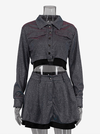 光沢のあるツーピースセット クロップドジャケット＆ショートパンツ レディース 2026