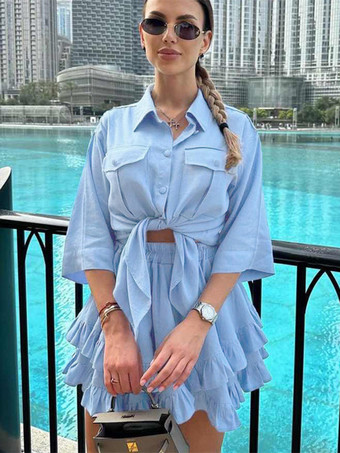 ライトスカイブルー無地ツーピースコーデセット 半袖シャツと裾のレイヤードミニスカート 2025