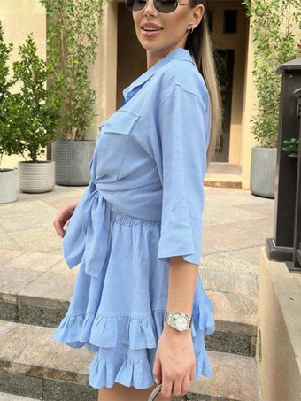 無地ツーピースコーデセット 半袖シャツと裾のレイヤードミニスカート 2025