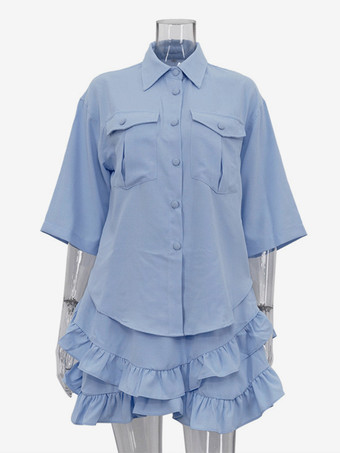 無地ツーピースコーデセット 半袖シャツと裾のレイヤードミニスカート 2025