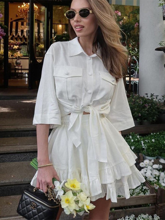 ホワイト 無地ツーピースコーデセット 半袖シャツと裾のレイヤードミニスカート 2025