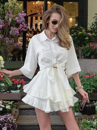 無地ツーピースコーデセット 半袖シャツと裾のレイヤードミニスカート 2025