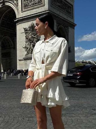 無地ツーピースコーデセット 半袖シャツと裾のレイヤードミニスカート 2025