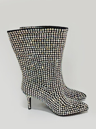 ハイヒールアンクルブーツ ブラック ラインストーン ラウンドトゥ スティレットヒール パーティーブーツ