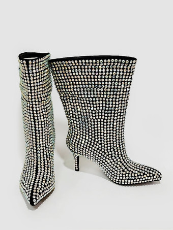 ハイヒールアンクルブーツ ブラック ラインストーン ラウンドトゥ スティレットヒール パーティーブーツ