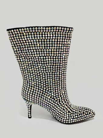 ハイヒールアンクルブーツ ブラック ラインストーン ラウンドトゥ スティレットヒール パーティーブーツ