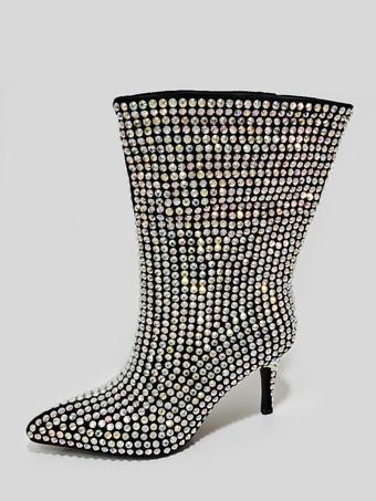 ブラック ハイヒールアンクルブーツ ブラック ラインストーン ラウンドトゥ スティレットヒール パーティーブーツ