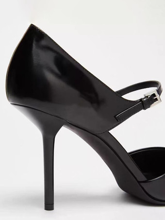 女性用ブラックハイヒール、ポインテッドトゥ、メリージェーンパンプス