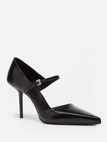 女性用ブラックハイヒール、ポインテッドトゥ、メリージェーンパンプス