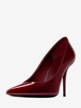 バーガンディハイヒールポインテッドトゥスリッポンドレスシューズ