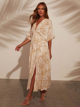 2025年レディース向けハイスリット入りボヘミアンプリントマキシドレス