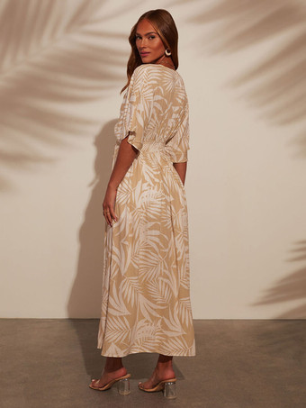 2025年レディース向けハイスリット入りボヘミアンプリントマキシドレス