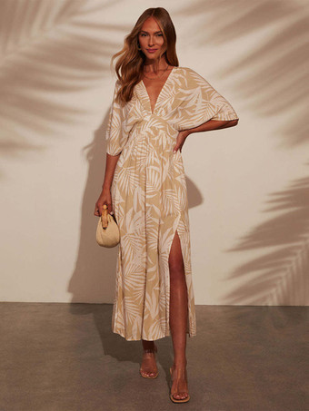 ラクダ色 2025年レディース向けハイスリット入りボヘミアンプリントマキシドレス