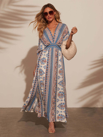 2025年レディース向けハイスリット入りボヘミアンプリントマキシドレス