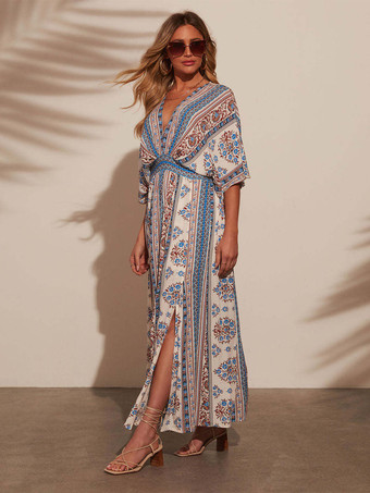 2025年レディース向けハイスリット入りボヘミアンプリントマキシドレス