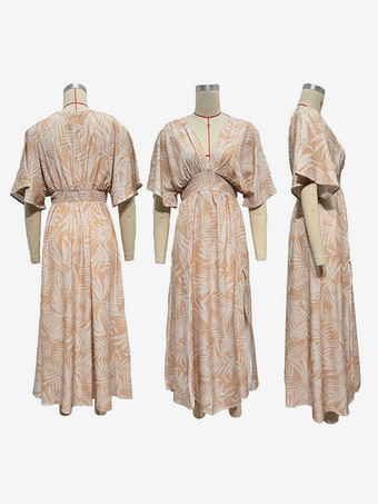 2025年レディース向けハイスリット入りボヘミアンプリントマキシドレス