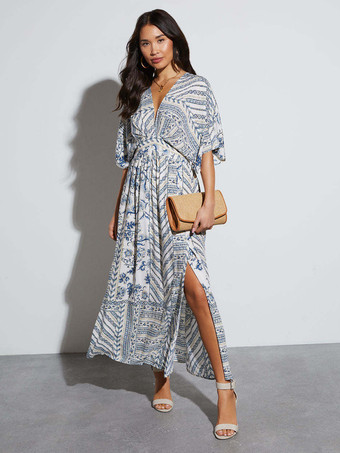 2025年レディース向けハイスリット入りボヘミアンプリントマキシドレス