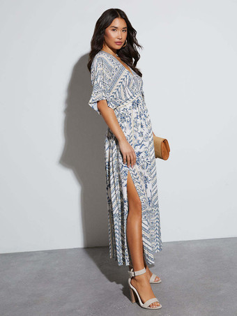 2025年レディース向けハイスリット入りボヘミアンプリントマキシドレス