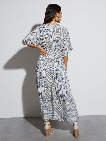 2025年レディース向けハイスリット入りボヘミアンプリントマキシドレス