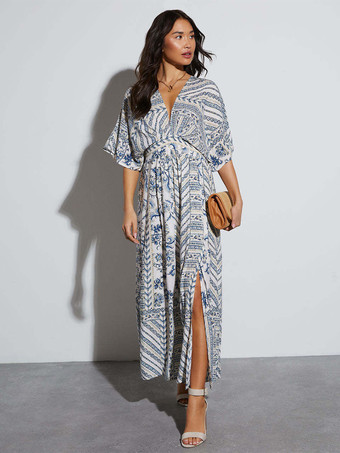 2025年レディース向けハイスリット入りボヘミアンプリントマキシドレス