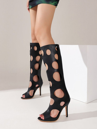 ブラック シルバーサンダルブーツ ピープトゥ カットアウト ハイヒール ニーハイブーツ