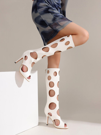 シルバーサンダルブーツ ピープトゥ カットアウト ハイヒール ニーハイブーツ