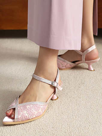 キトンヒールパンプス、ピープトゥ、レース、ラインストーン、花嫁の母用シューズ