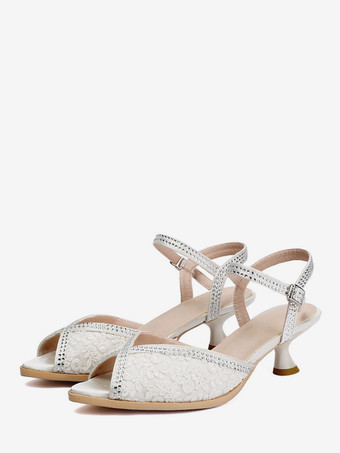 キトンヒールパンプス、ピープトゥ、レース、ラインストーン、花嫁の母用シューズ