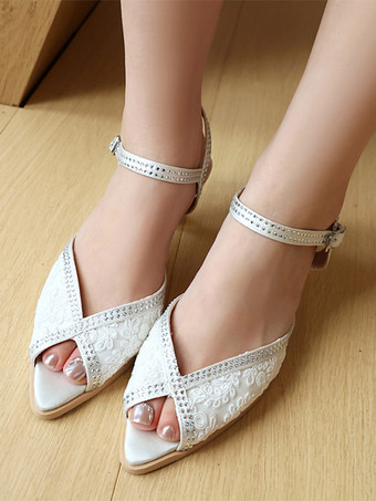 アイボリー キトンヒールパンプス、ピープトゥ、レース、ラインストーン、花嫁の母用シューズ