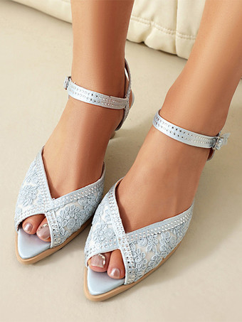 ライトスカイブルーキトンヒールパンプス、ピープトゥ、レース、ラインストーン、花嫁の母用シューズ