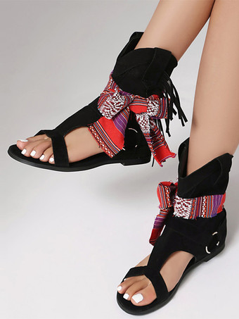 ボヘミアンサンダルブーティ オープントゥ カットアウト カウガールブーティ