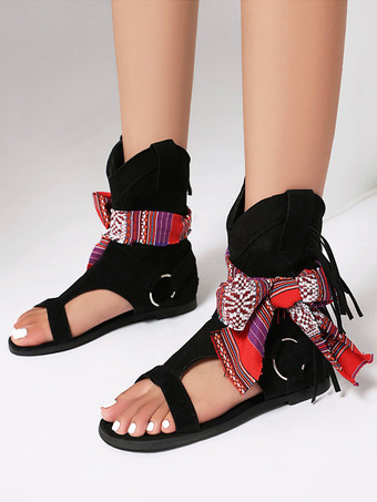 ブラック ボヘミアンサンダルブーティ オープントゥ カットアウト カウガールブーティ