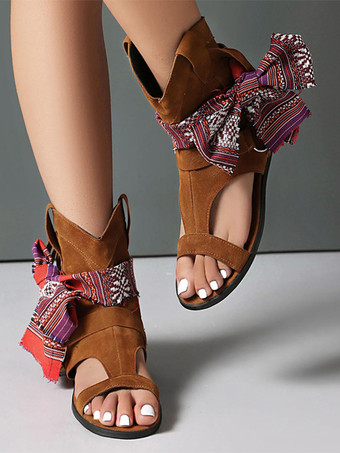 ボヘミアンサンダルブーティ オープントゥ カットアウト カウガールブーティ