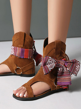 ブラウンボヘミアンサンダルブーティ オープントゥ カットアウト カウガールブーティ