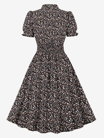 花柄プリントAラインヴィンテージドレス Vネック レトロミディドレス レディース 2025