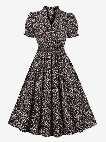 ブラック 花柄プリントAラインヴィンテージドレス Vネック レトロミディドレス レディース 2025