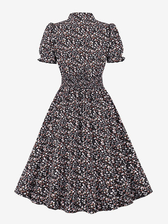 花柄プリントAラインヴィンテージドレス Vネック レトロミディドレス レディース 2025