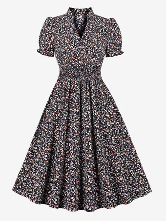 ダークネイビー花柄プリントAラインヴィンテージドレス Vネック レトロミディドレス レディース 2025