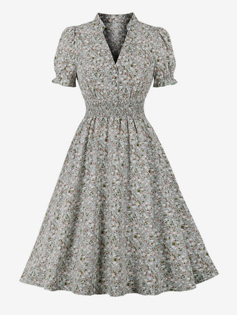 グリーン 花柄プリントAラインヴィンテージドレス Vネック レトロミディドレス レディース 2025