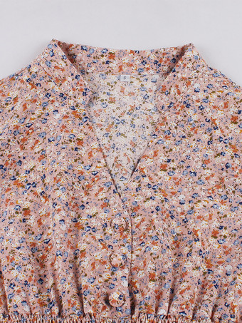 花柄プリントAラインヴィンテージドレス Vネック レトロミディドレス レディース 2025