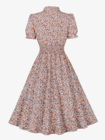 花柄プリントAラインヴィンテージドレス Vネック レトロミディドレス レディース 2025