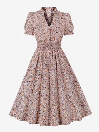ピンク花柄プリントAラインヴィンテージドレス Vネック レトロミディドレス レディース 2025