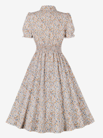 花柄プリントAラインヴィンテージドレス Vネック レトロミディドレス レディース 2025