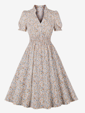 アプリコット花柄プリントAラインヴィンテージドレス Vネック レトロミディドレス レディース 2025