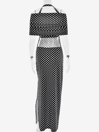 2025年レディース向けコールドショルダー付きドット柄マキシドレス