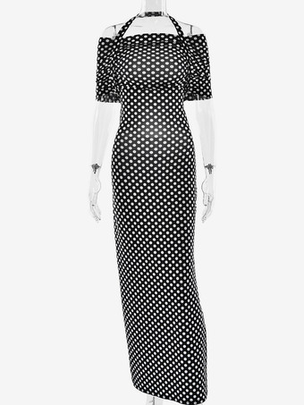 2025年レディース向けコールドショルダー付きドット柄マキシドレス